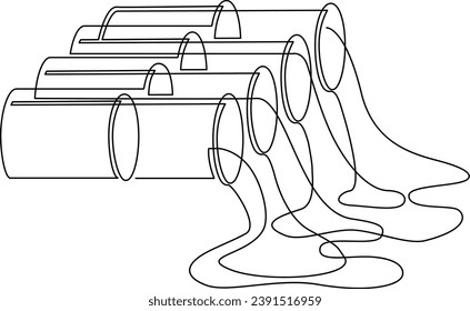 Metal pipe with liquid flowing out. Continuous line drawing. Vector illustration.