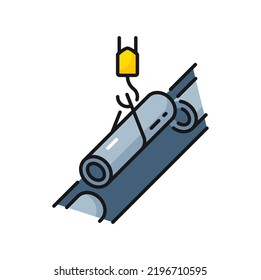 Metal pipe on tap isolated pipeline construction color outline icon. Vector lifting hook moving loads with iron pipe, oil and gas industry equipment