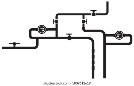 Metal pipe. Water supply system, heat supply, Sewerage of the house on an isolated background. 
Flat Concept in black and white. Vector illustration.
