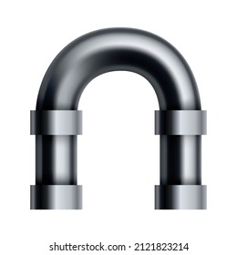 Metal pipeline. Industrial conduit with connection. 3d glossy stainless steel tube for water or gas. Element of engineering plumbing system