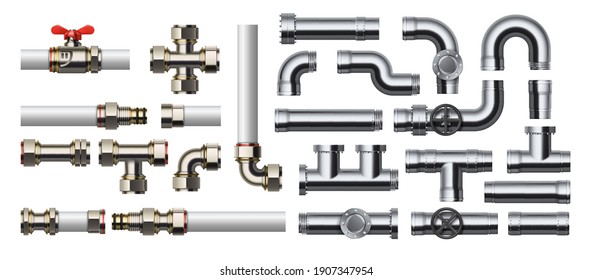 Metal pipeline. Realistic industrial conduit with connections and valves. 3D glossy stainless steel or white plastic tubes for water and gas. Pipe construction kit. Vector engineering plumbing system
