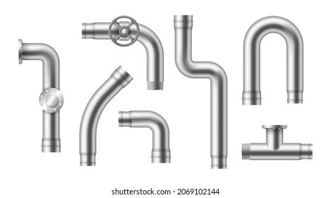 Metal pipeline. Realistic industrial conduit with connections and valves. 3d glossy stainless steel tubes for water and gas. Pipe construction kit. Vector illustration