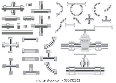 Metal pipes, chrome pipe flange, threaded connections. Water valve. Vector illustration isolated on white background