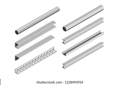 Metal Pipes And Corners In Isometric Style On A White Background. Vector Illustration