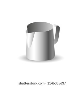 Metal pitcher for milk. Small cream jug in a coffee shop. - Vector