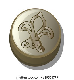 Metal plaque with engraved image isolated on white background. Vector cartoon close-up illustration.