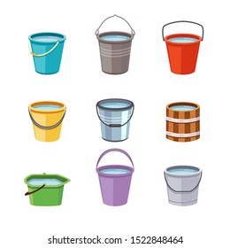 Metal and plastic buckets set flat cartoon vector illustrations isolated on white background. Collection of plastic, wooden and aluminum buckets or pails with water.