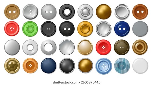 Metal and plastic buttons and smooth cylindrical shaft rivets for clothes. Vector realistic mechanical fasteners, denim accessory clasps collection. Copper and steel round clinch elements