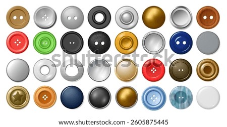 Metal and plastic buttons and smooth cylindrical shaft rivets for clothes. Vector realistic mechanical fasteners, denim accessory clasps collection. Copper and steel round clinch elements