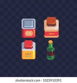 Metal and plastic containers for liquid oils and a green glass bottle for wine or olive oil pixel art icon. Isolated vector illustration. Design for stickers, logo shop, mobile app. 8-bit.