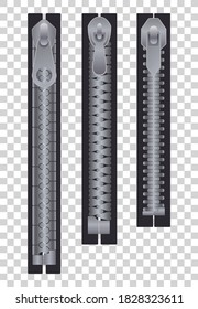 Metal or plastic fasteners, zippers. Fastener and zipper isolated, zippered accessories illustration. Set of silver metallic closed zippers on transparent background