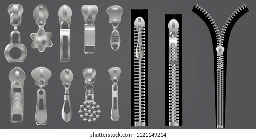 Metal and plastic fasteners, zippers. Garment components and handbag accessories vector set. Fastener and zipper isolated, realistic zippered accessories. Vector illustration.