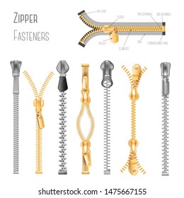 Metal and plastic fasteners, zippers isolated vector objects. Garment components and handbag accessories, realistic zippered accessories. Close and open positions, golden and silver, metallic pullers svg