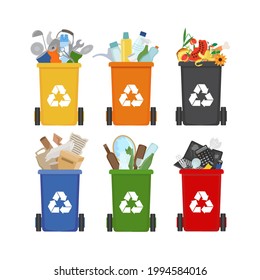 Metal, plastic, organic, paper, glass, e-waste recyclable waste. Garbage containers with recyclable waste. Isolated vector  illustration
