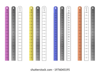Metal, plastic and outline straight rulers set.