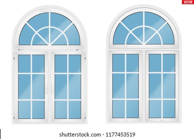 Metal plastic PVC arch window with two sash and opening casements. Indoor and Outdoor view. Models and frame installation. Sample Vector Illustration isolated on white background.