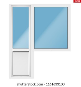 Metal plastic PVC balcony window and door with opening casement. Outdoor view. Presentation of models and frame installation. White color. Sample Vector Illustration isolated on white background.
