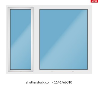 Metal plastic PVC big window with two sash and one opening casement. Outdoor view. Presentation of models and frame installation. White color. Sample Vector Illustration isolated on white background.