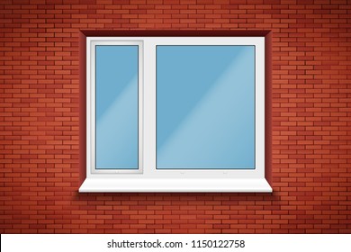 Metal plastic PVC big window with two sash in brick wall. Outdoor view. Presentation of models and frame installation. White color. Sample Vector Illustration isolated on white background.