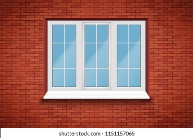 Metal plastic PVC big window in brick wall. Outdoor view. Presentation of models and frame installation. White color. Sample Vector Illustration isolated on white background.