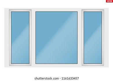 Metal plastic PVC big window with three sash and two opening casement. Outdoor view. Presentation of models and frame installation. White color. Sample Vector Illustration isolated on white background