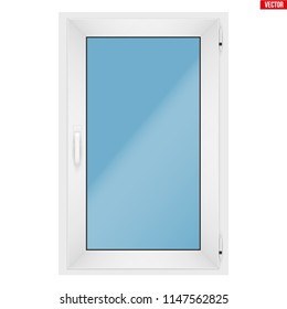 Metal plastic PVC window with one sash and one opening casement. Indoor view. Presentation of models and frame installation. White color. Sample Vector Illustration isolated on white background.