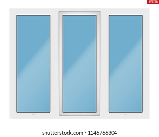 Metal plastic PVC window with three sash and one opening casement. Outdoor view. Presentation of models and frame installation. White color. Sample Vector Illustration isolated on white background.