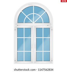 Metal plastic PVC window with three sash and arch and opening casements. Indoor view. Models and frame installation. White color. Sample Vector Illustration isolated on white background.