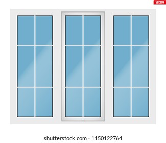 Metal plastic PVC window with three sash and one opening casement. Outdoor view. Presentation of models and frame installation. White color. Sample Vector Illustration isolated on white background.