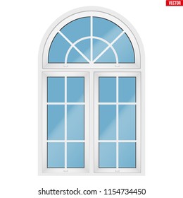 Metal plastic PVC window with three sash and arch and opening casements. Outdoor view. Models and frame installation. White color. Sample Vector Illustration isolated on white background.