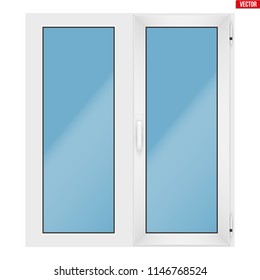 Metal plastic PVC window with two sash and one opening casement. Indoor view. Presentation of models and frame installation. White color. Sample Vector Illustration isolated on white background.