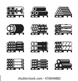 Metal, plastic and rubber pipes in pallets - vector illustration