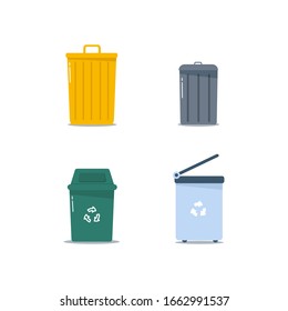 Metal and plastic trash bins, garbage bags in flat design. Multi-colored waste bins full of garbage. Cartoon colored trash cans isolated on white background. vector illustration, EPS 10.