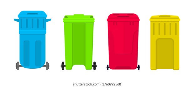 Metal and plastic trash container bins isolated on white background. Flat illustration of indoor trash cans on street. Collection of bin and bucket for rubbish. Vector illustration, eps 10.