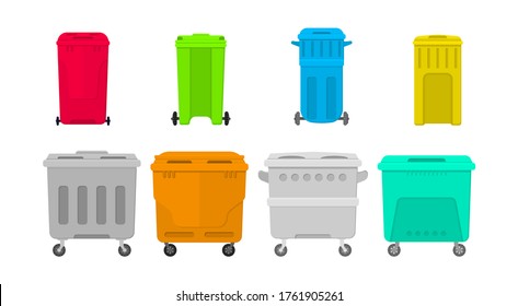 Metal and plastic trash container bins isolated on white background. Flat illustration of indoor trash cans on street. Collection of bin and bucket for rubbish. Vector illustration, eps 10.