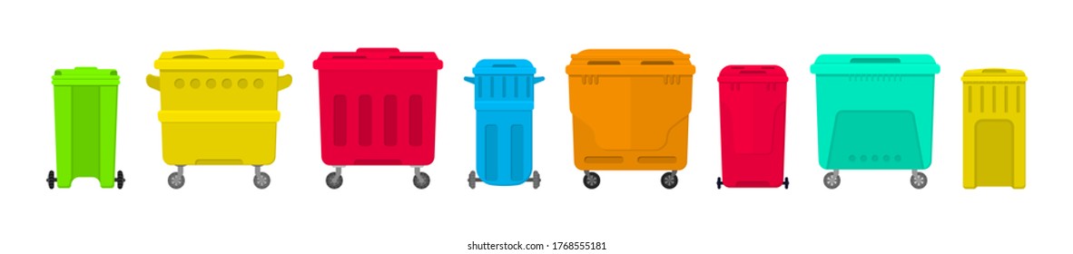 Metal and plastic trash container bins isolated on white background. Flat illustration of indoor trash cans on street. Collection of bin and bucket for rubbish. Vector illustration, eps 10.