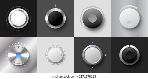 Metal and plastic volume dial realistic vector. Black and white rotating button. Stereo sound round tuner. Dashboard tumbler with control scale. Panel audio switch set illustration