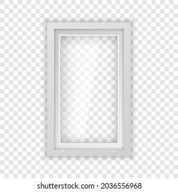 Metal plastic window with white frame. Realistic plastic window mockup template for outdoor interior design. Windowpane frame and clear pane.