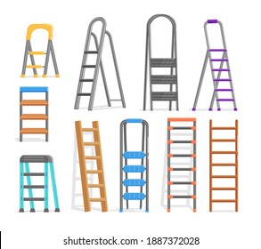 Metal, plastic and wooden stepladder construction tool set. Cartoon staircase or folding step ladder different type for builder, repairman and painter vector illustration isolated on white background