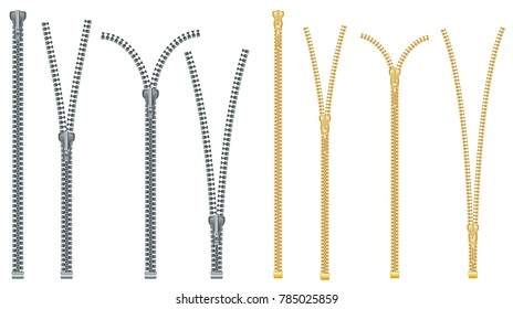 Metal and Plastic Zipper Set Isolated on White Background. Close and Open Positions. Vector Illustration. Clothes Accessory.