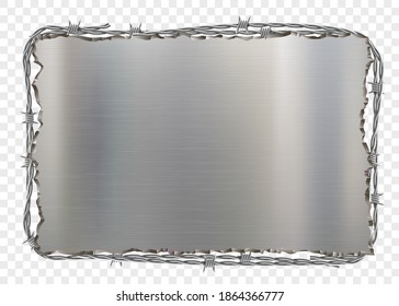 Metal plate with barbed wire. Template isolated on a transparent background. Vector illustration