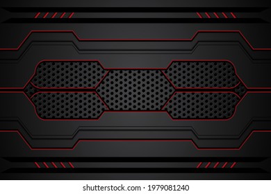 metal plate black and contrast red stripes on steel mesh. template modern technology design background. vector illustration	