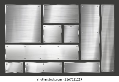 Metal plate. Brushed steel sign frame with metal rivets, polished metallic signboard background vector set of brushed texture metal illustration
