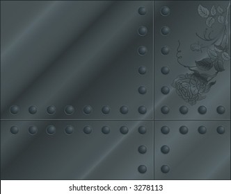 Metal plate with flower and rivets, element for design, vector illustration