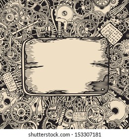 Metal plate on abstract machine background.