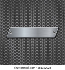 Metal plate on iron perforated background. Vector 3d illustration.