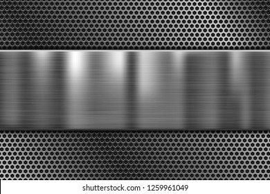 Metal plate on perforated texture. 3d shiny iron background. Vector 3d illustration