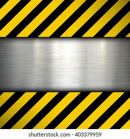 Metal plate on warning stripes background, vector illustration.
