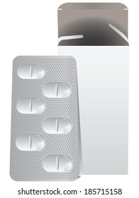 Metal plate with pills and a cardboard box. Vector illustration.