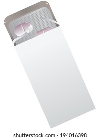 Metal plate with pills and a cardboard box. Vector illustration.